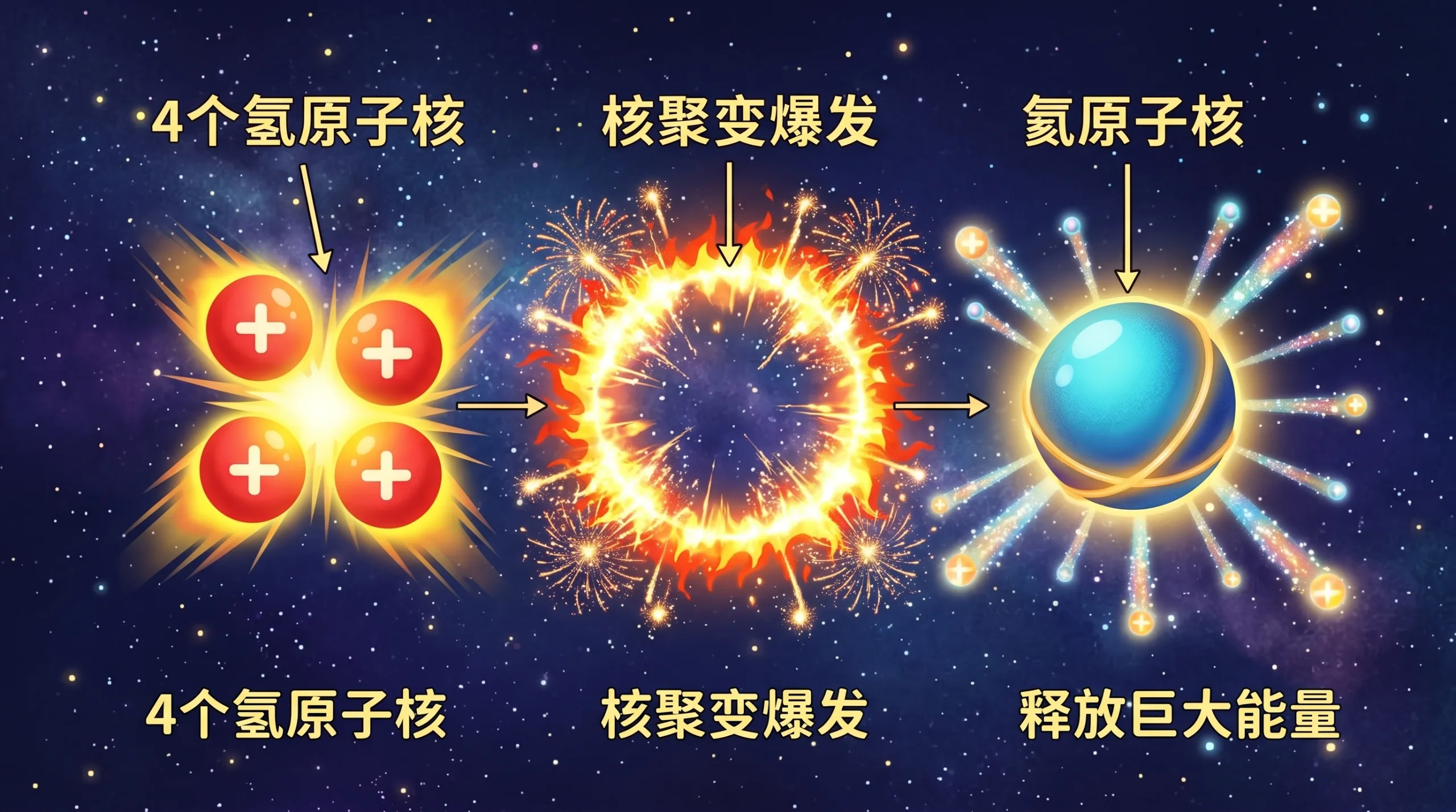 核聚变:四个氢核融成一个氦核,损失的质量变成光和热