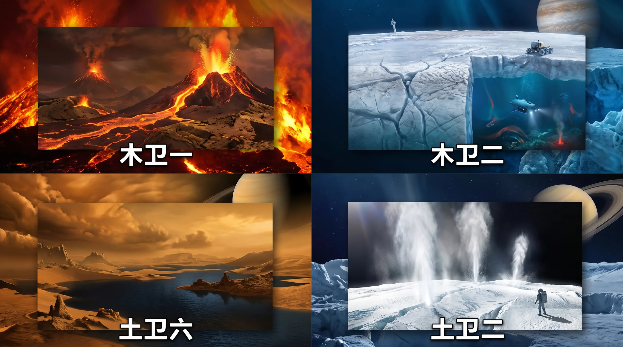 木卫一的活火山、木卫二的冰下海、土卫六的甲烷湖、土卫二的冰喷泉