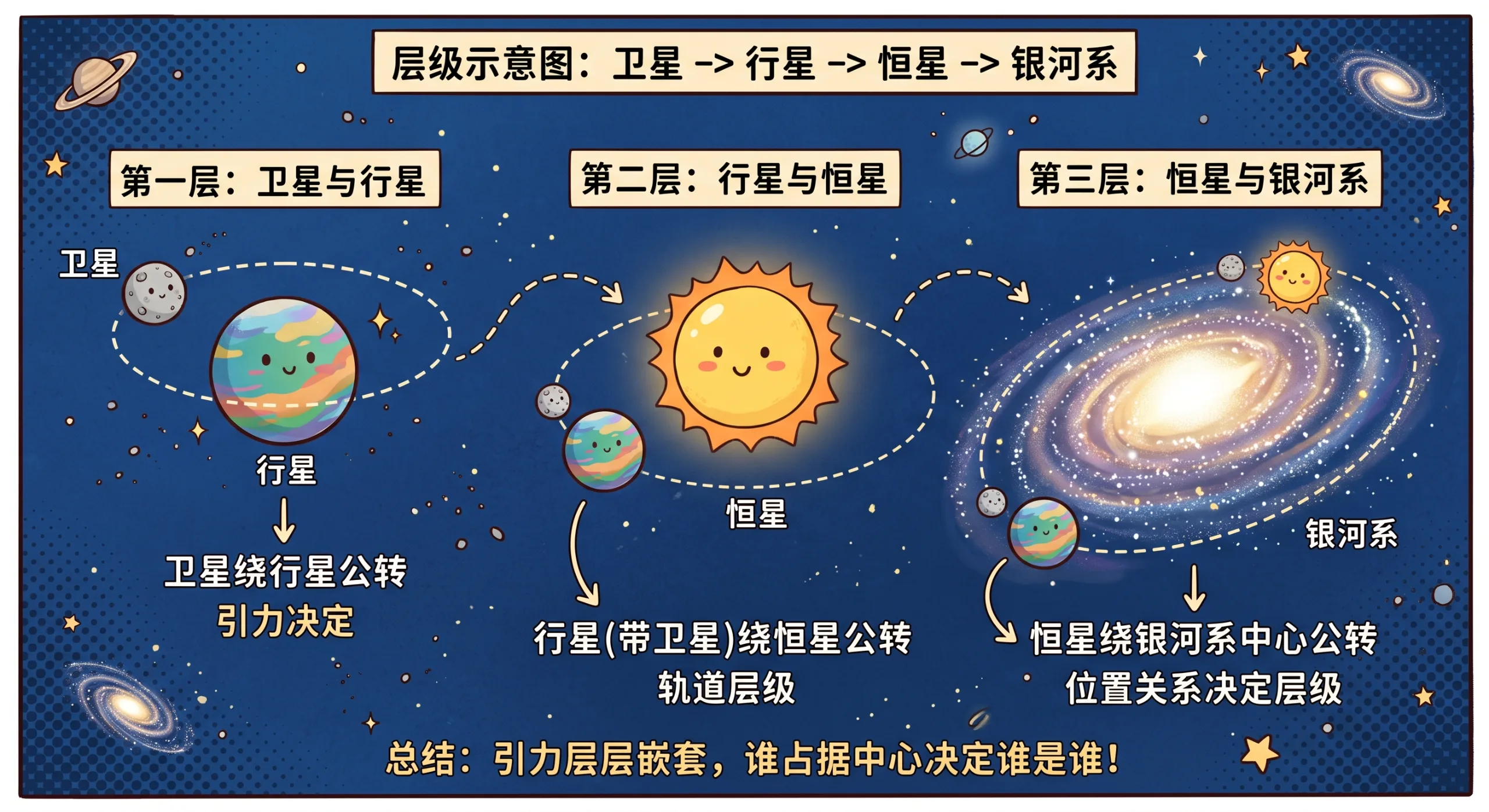 卫星绕行星，行星绕恒星，恒星绕银河——层层嵌套