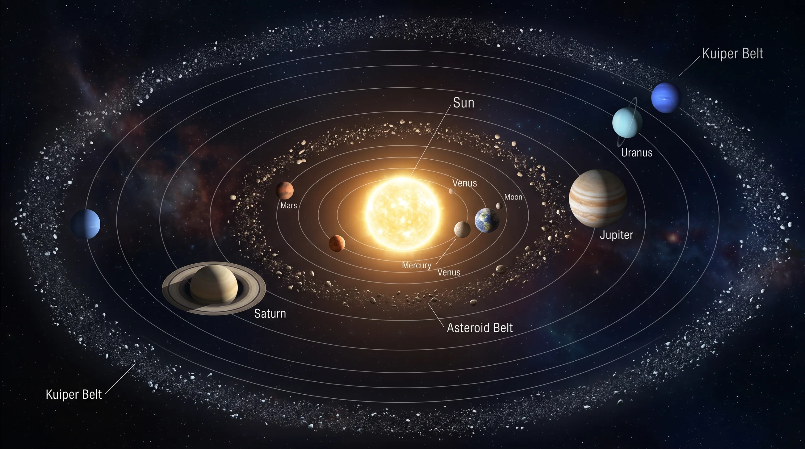 太阳系全景:岩石内圈、小行星带、气态外圈、柯伊伯带
